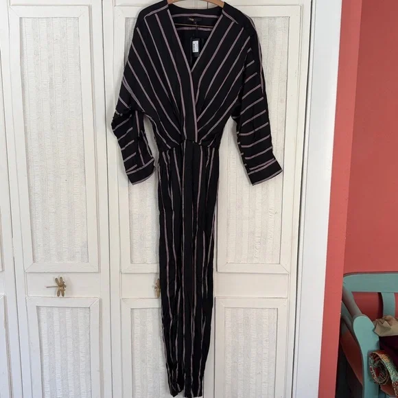 Maje Striped Black Red Pandomi V-Neck Wrap Woven Jumpsuit Surplice Pocket Medium - Picture 4 of 9